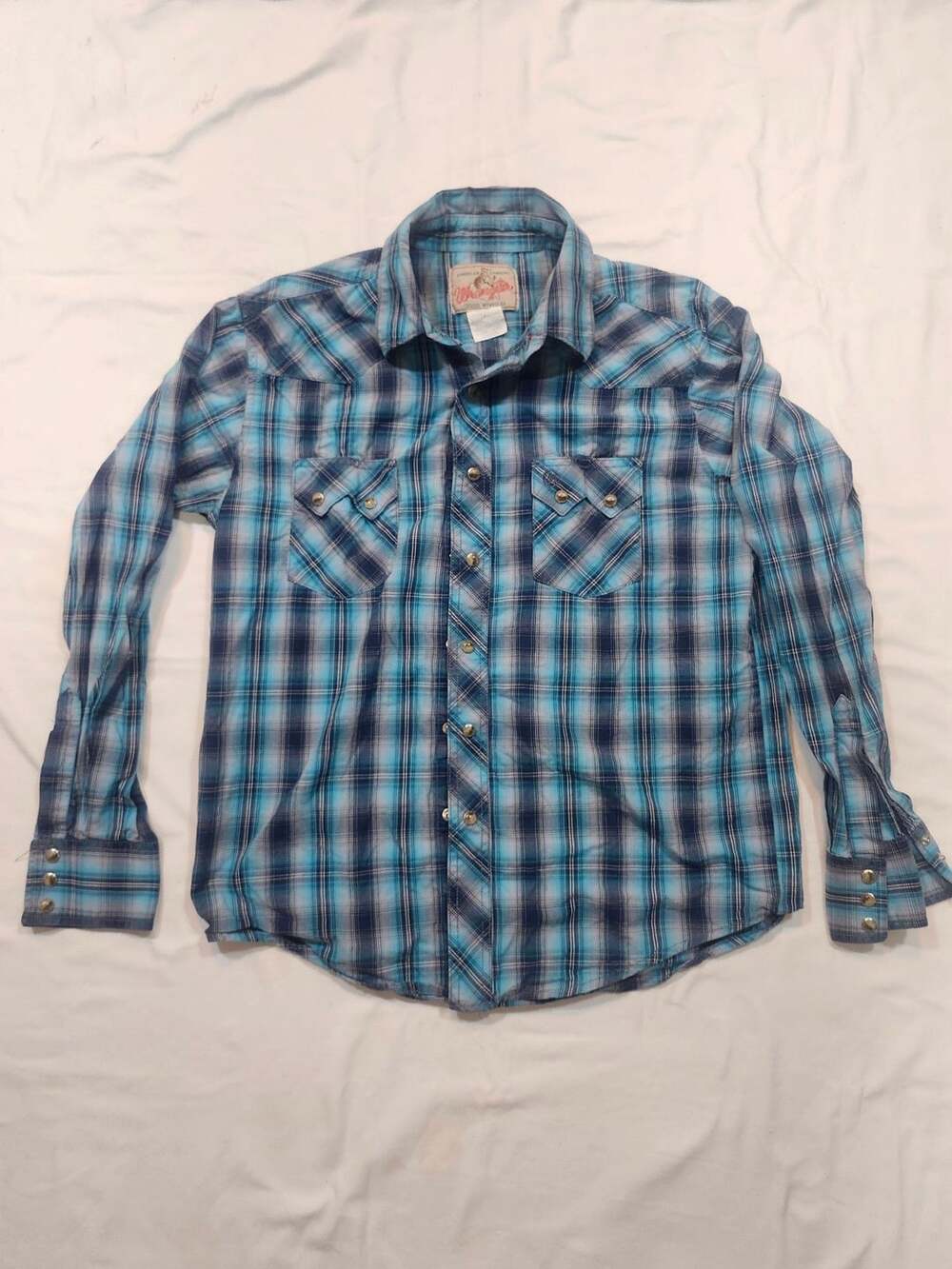 Wrangler Western Shirt Blue Plaid Pearl Snap Long Sleeve
